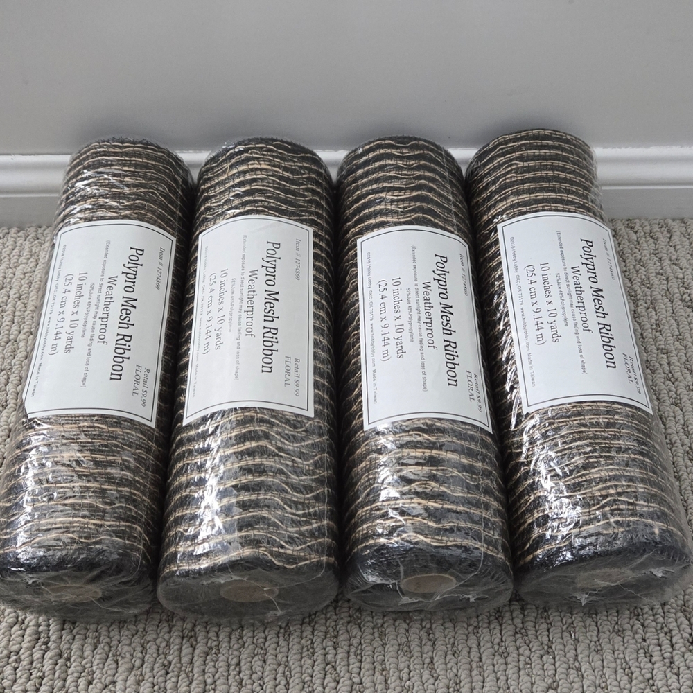 LOT OF (4) POLYPRO MESH RIBBON - BLACK AND TAN W/DECORATIVE DESIGN